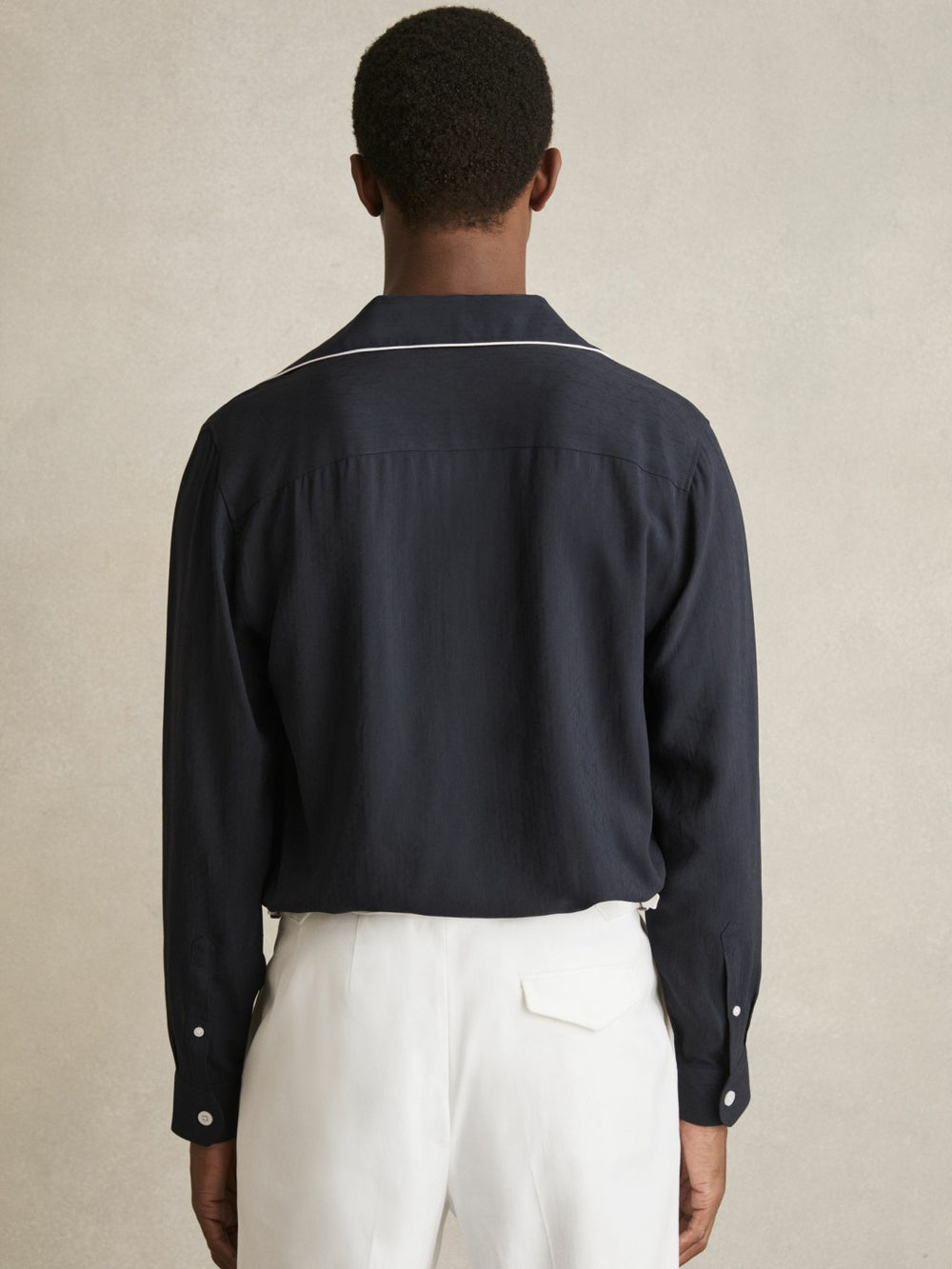 Reiss | Cuban Collar Shirt with Piping Detail Shirt in Navy