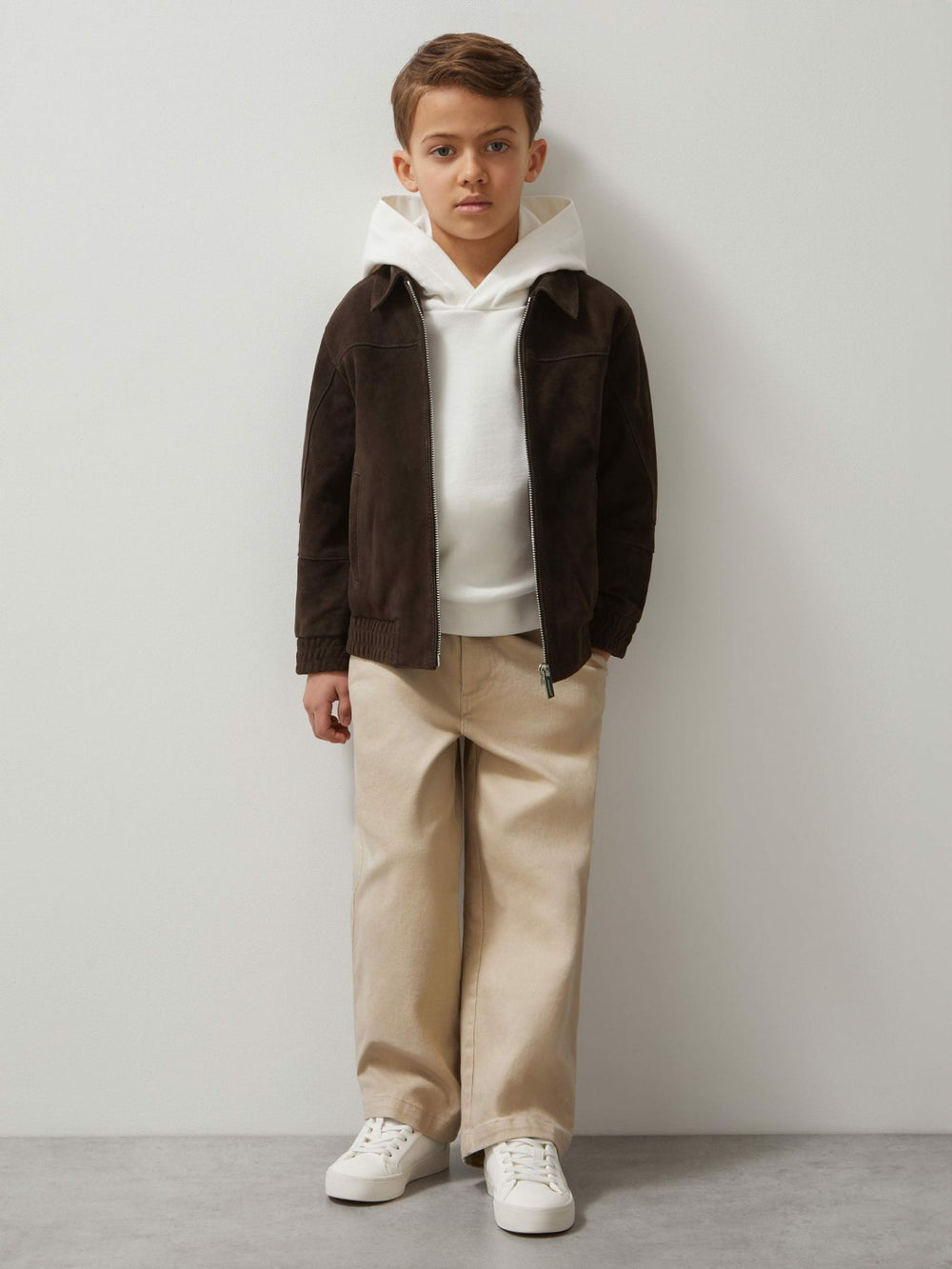 Reiss | 9-13 yrs Unisex Fit McLaren F1 Team Suede Bomber Jacket in Distressed Brown