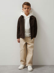 Reiss | 9-13 yrs Unisex Fit McLaren F1 Team Suede Bomber Jacket in Distressed Brown