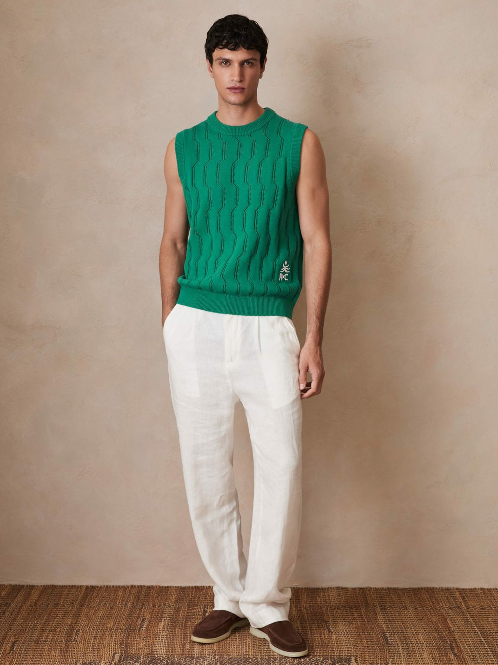 Reiss | Ché Pointelle Crew-Neck Vest in Bright Green