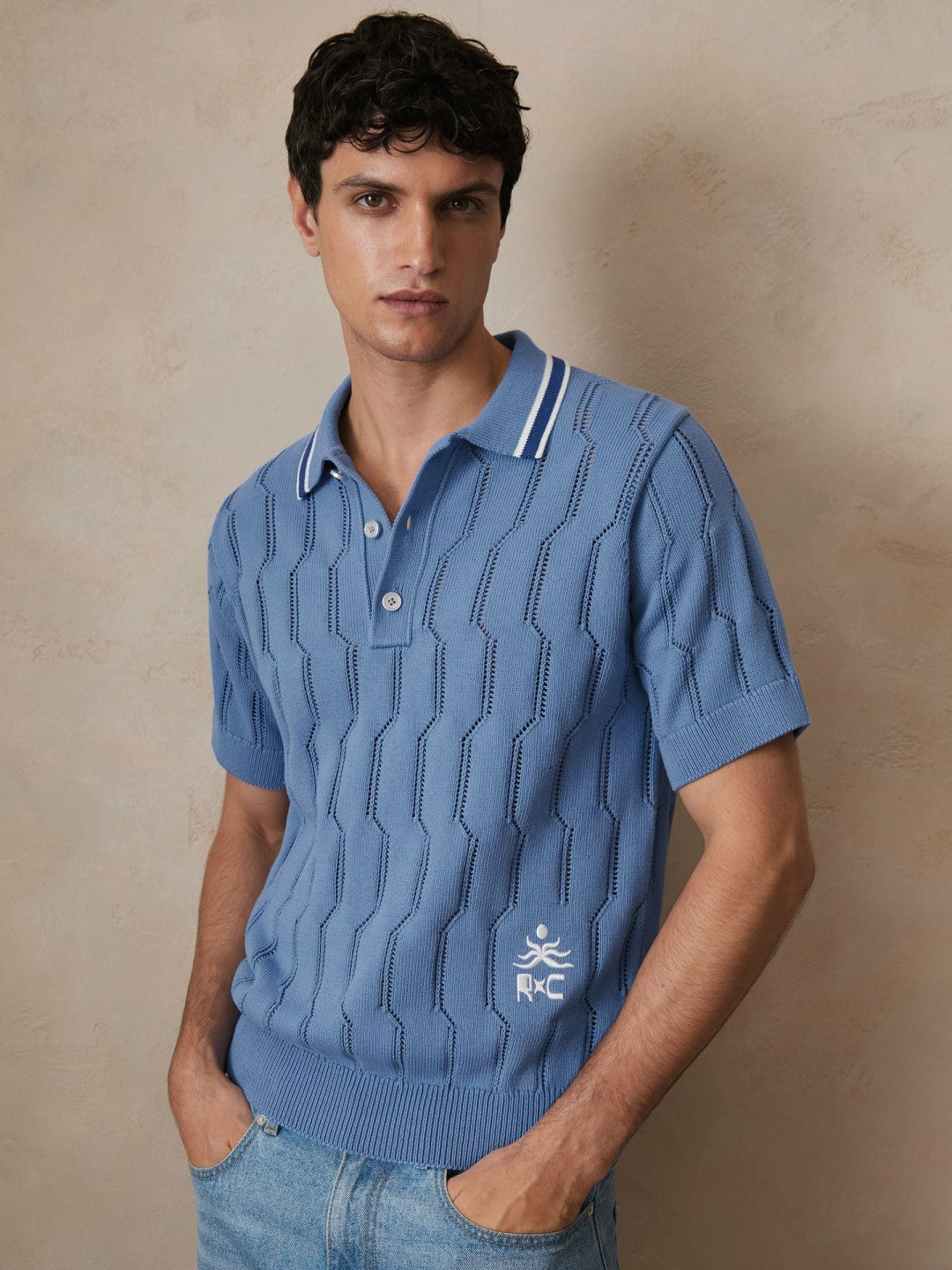 Reiss | | Ché Cotton Pointelle Polo Shirt in Blue