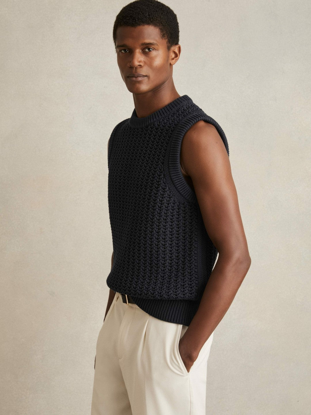 Reiss | Cotton-Blend Crochet Vest in Navy
