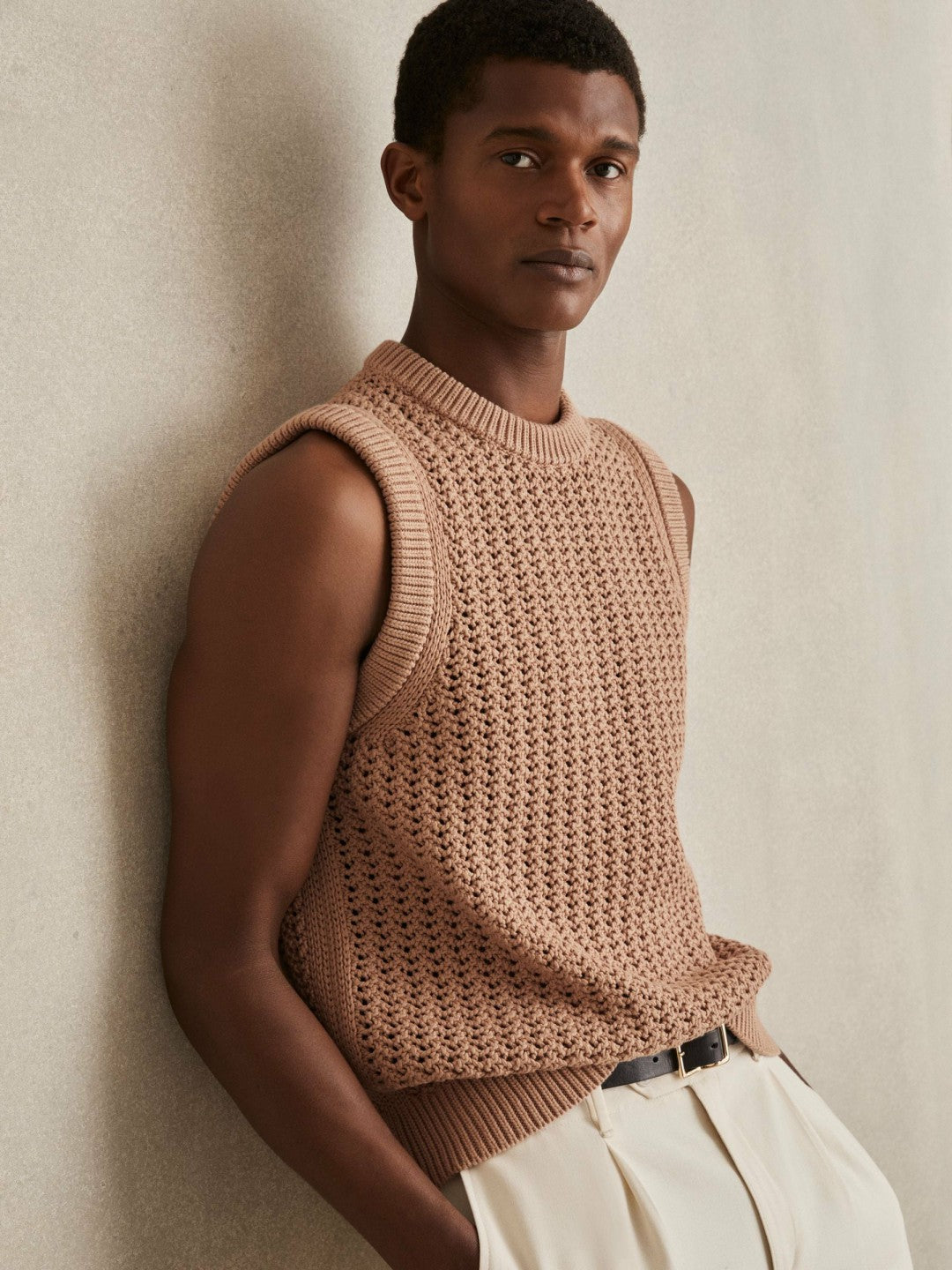 Reiss | Cotton-Blend Crochet Vest in Soft Camel