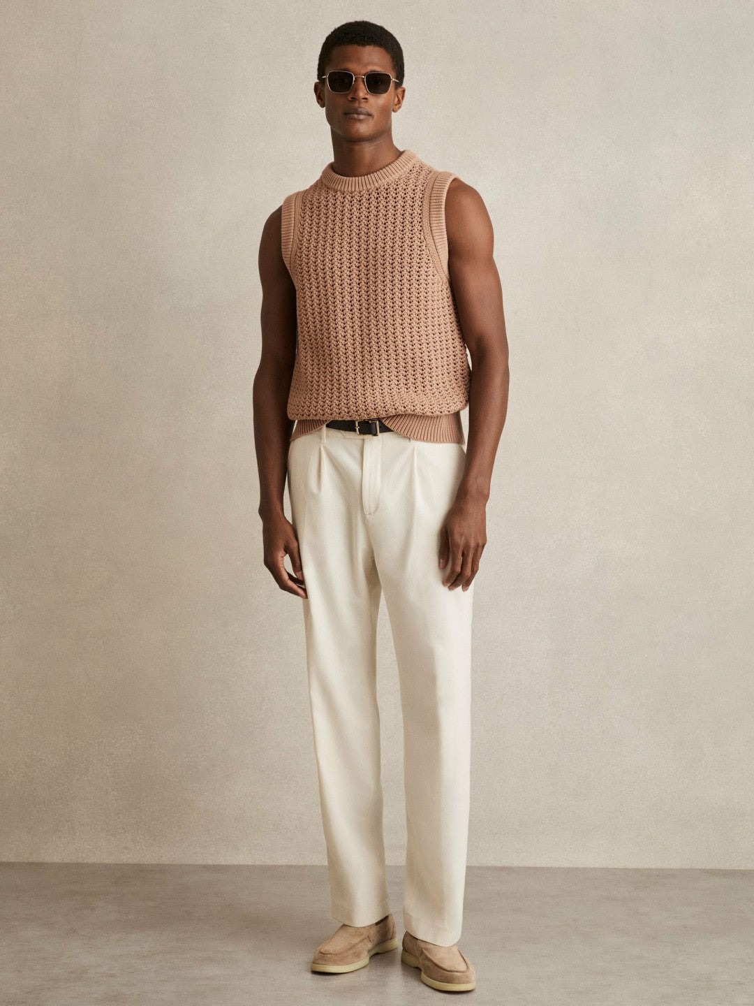 Reiss | Cotton-Blend Crochet Vest in Soft Camel