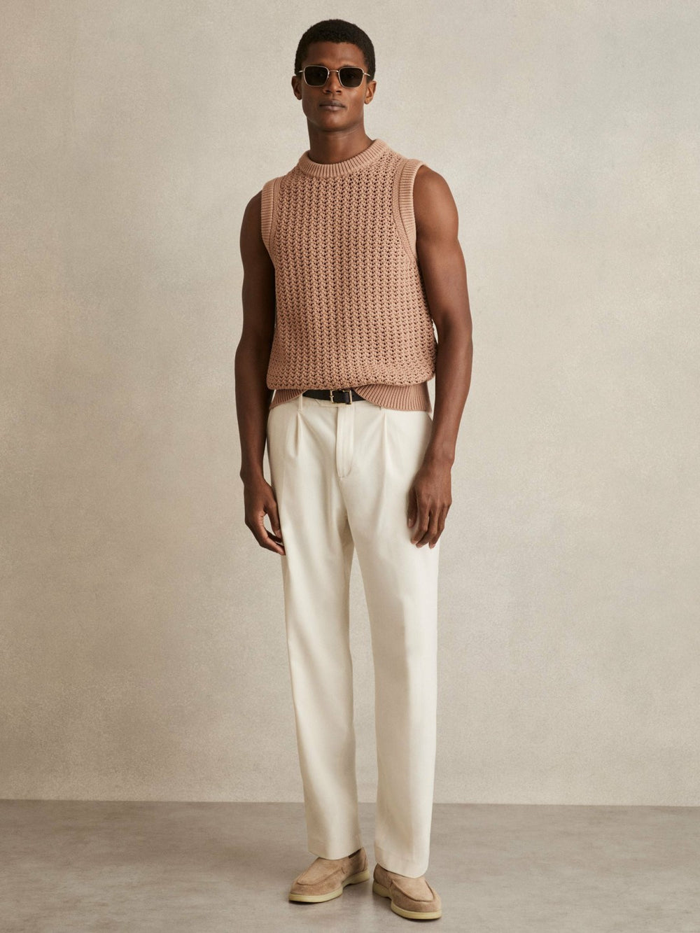 Reiss | Cotton-Blend Crochet Vest in Soft Camel