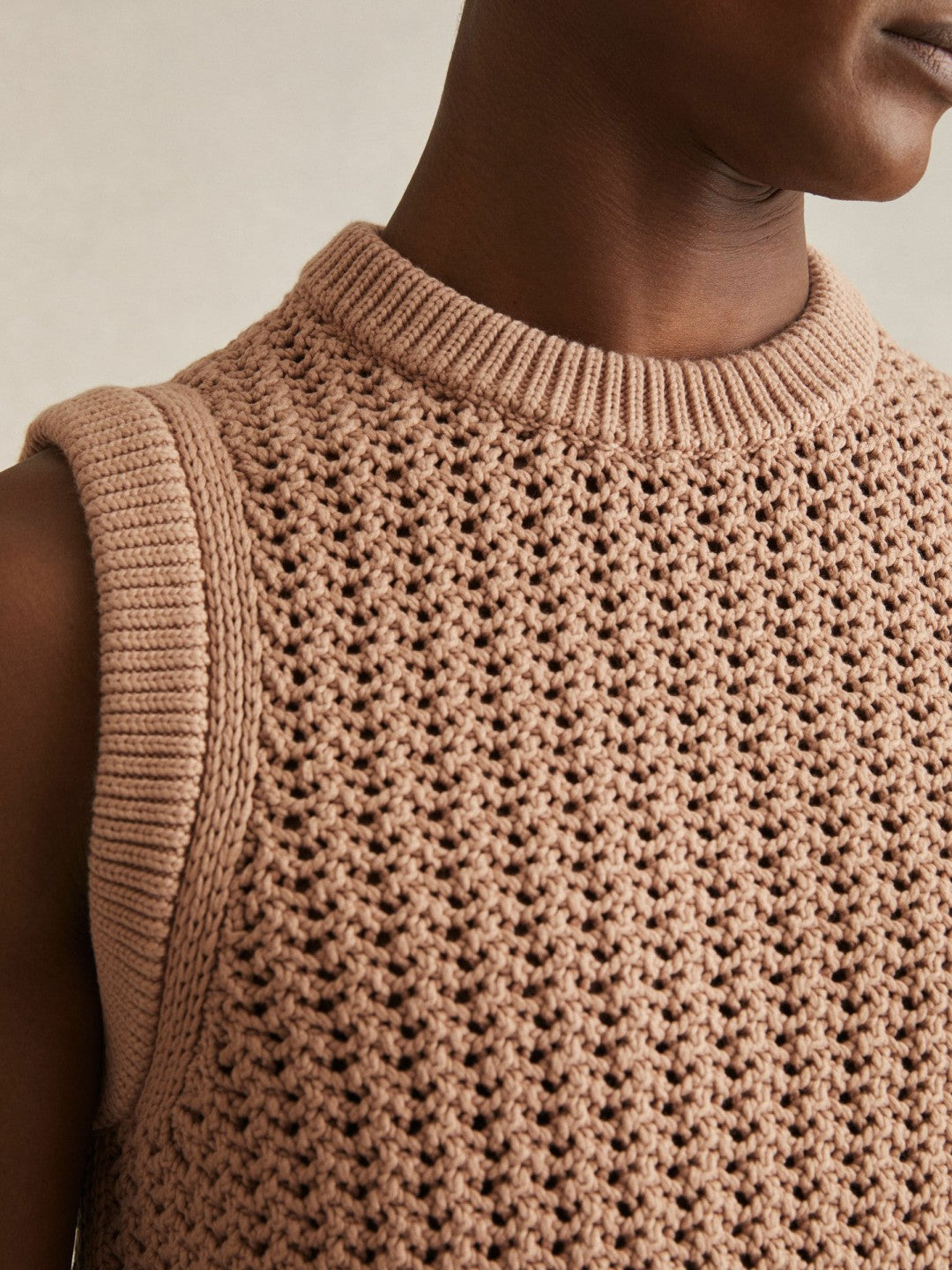 Reiss | Cotton-Blend Crochet Vest in Soft Camel