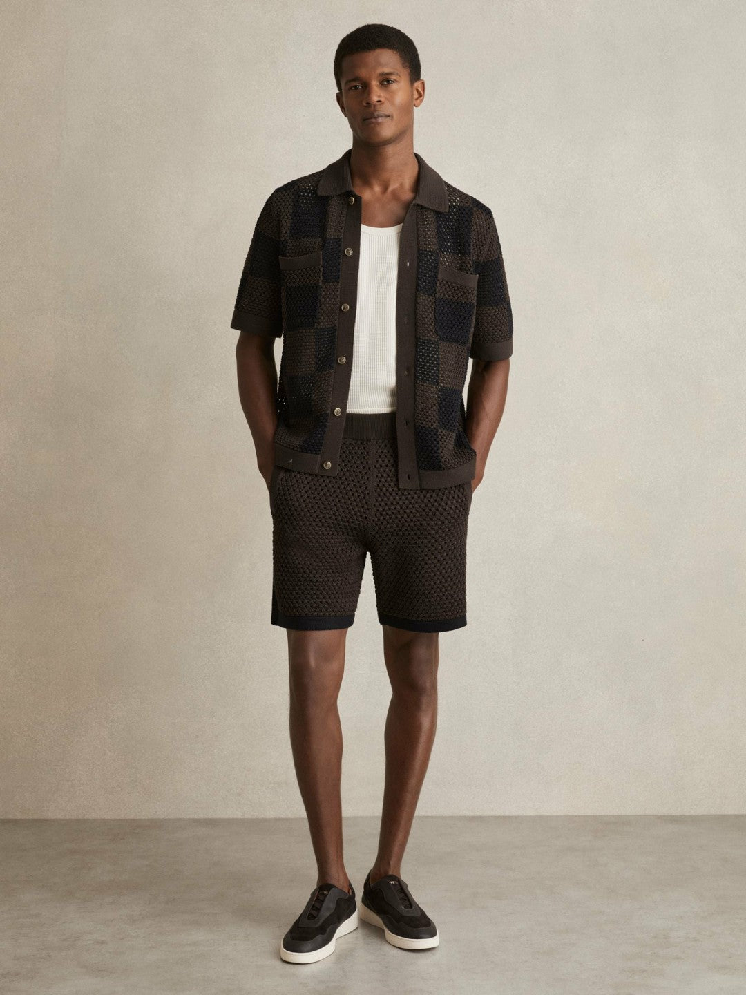Reiss | Cotton-Blend Crochet Shorts in Chocolate/Navy