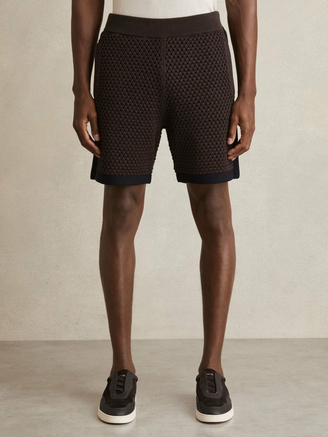 Reiss | Cotton-Blend Crochet Shorts in Chocolate/Navy