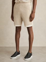 Reiss | Cotton-Blend Crochet Shorts in Taupe/Off White