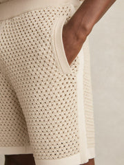 Reiss | Cotton-Blend Crochet Shorts in Taupe/Off White