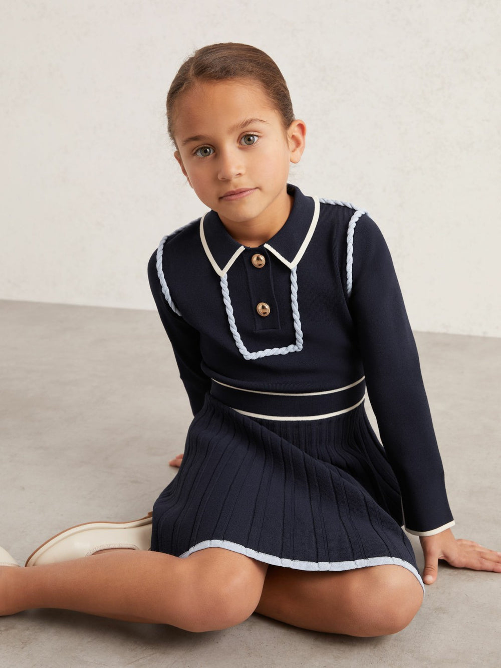 Reiss | 9-13 yrs Piped Knitted Skater Dress in Navy