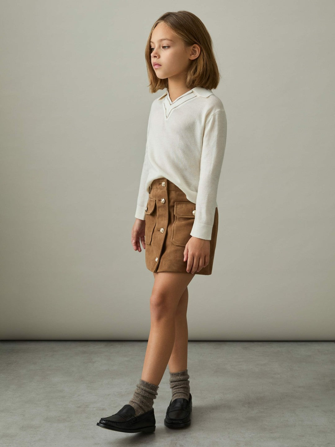 Reiss | 9-13 yrs Suede Flap Pocket Skirt in Tan