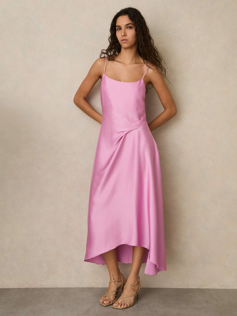 Reiss | Satin Drape-Detail Slip Dress in Pink