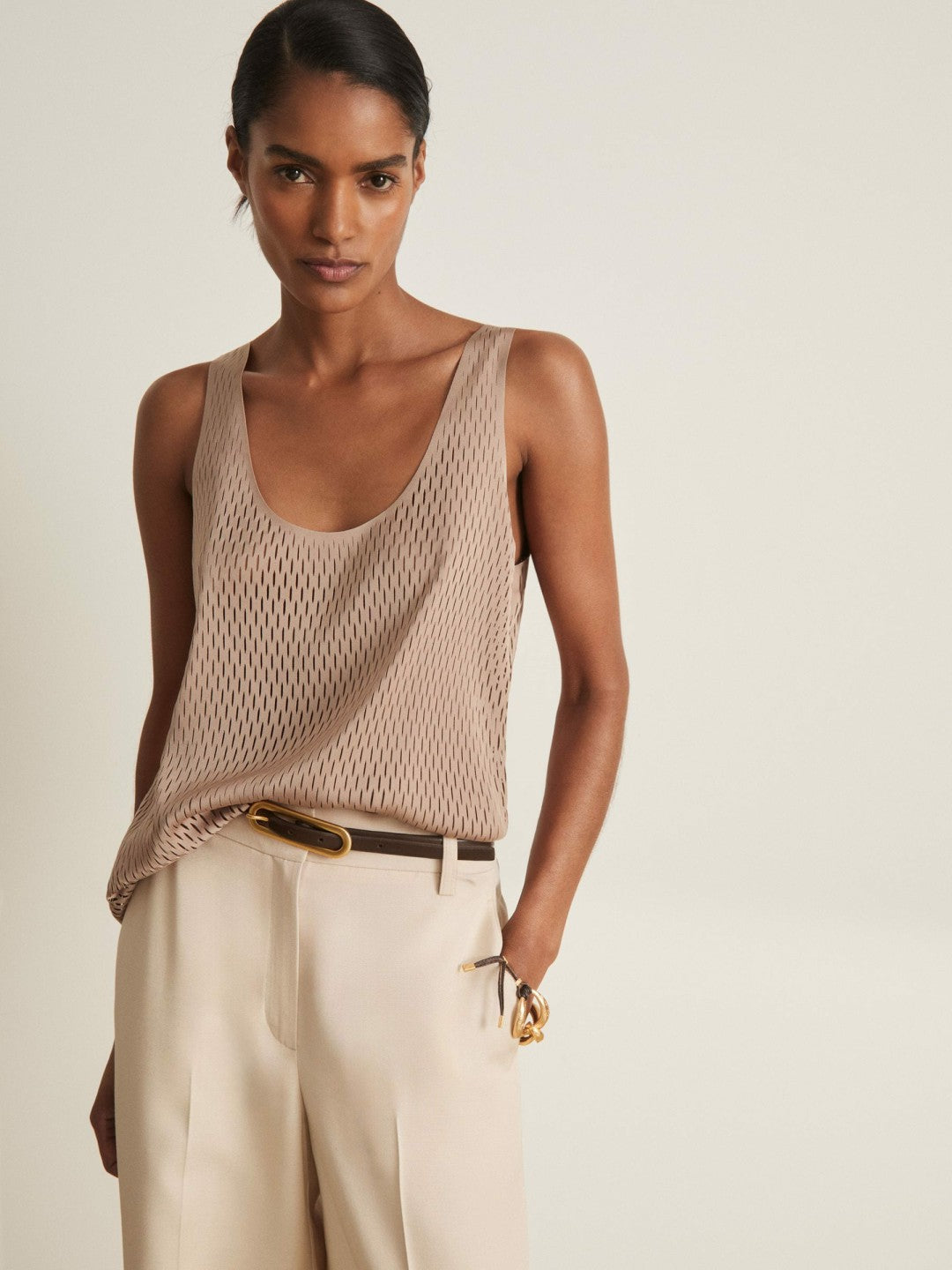 Reiss | Atelier Laser-Cut Vest Top in Taupe