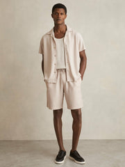 Reiss | Textured-Knit Cuban-Collar Shirt in Champagne