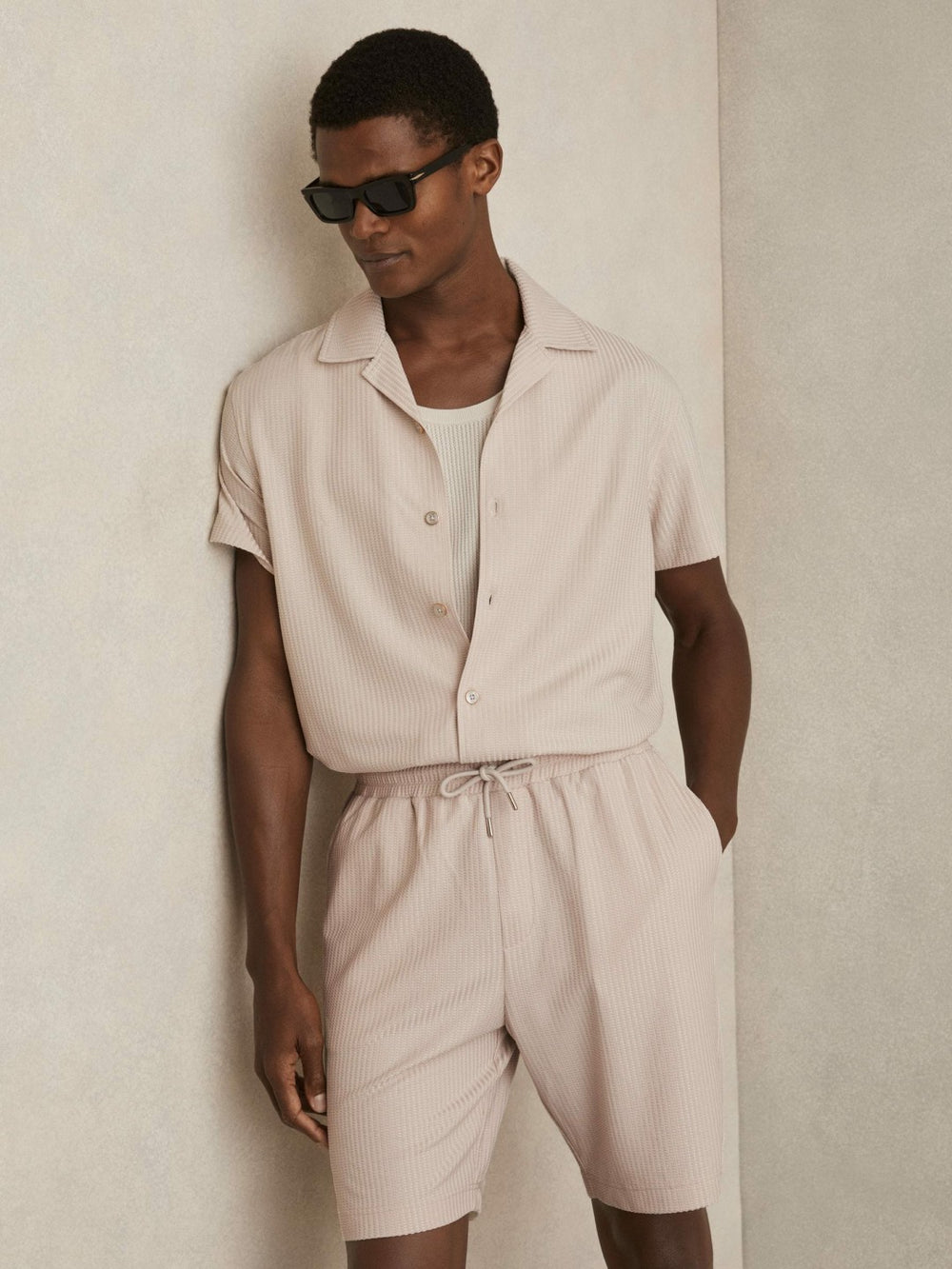 Reiss | Textured-Knit Cuban-Collar Shirt in Champagne