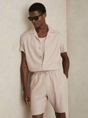 Reiss | Textured-Knit Cuban-Collar Shirt in Champagne