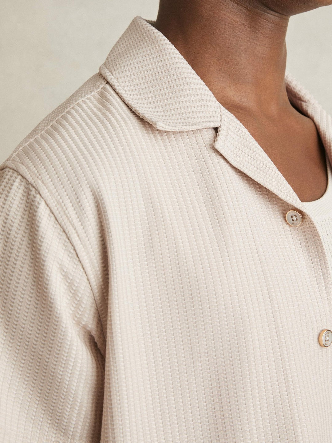 Reiss | Textured-Knit Cuban-Collar Shirt in Champagne