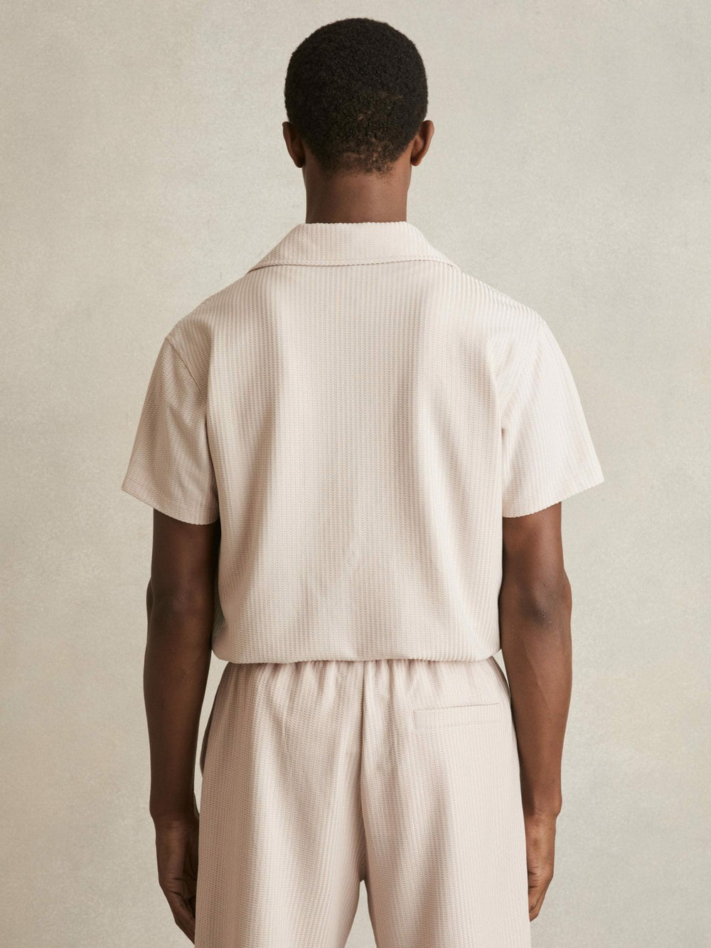 Reiss | Textured-Knit Cuban-Collar Shirt in Champagne