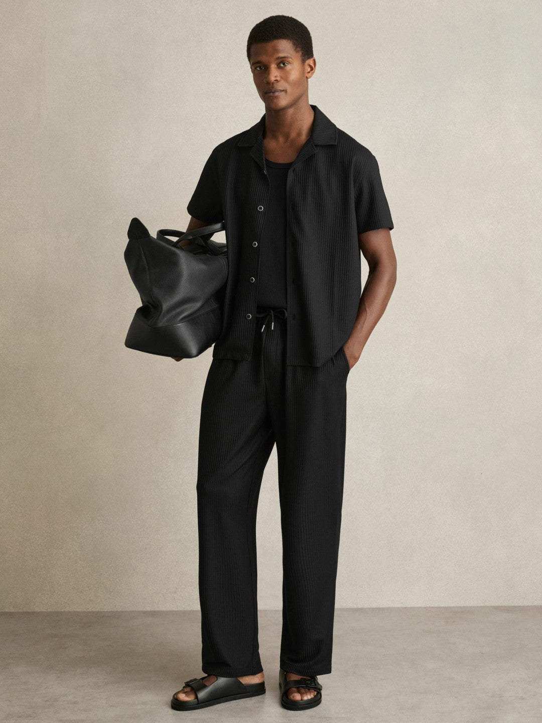 Reiss | Textured-Knit Cuban-Collar Shirt in Black