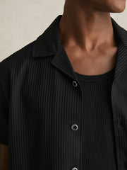 Reiss | Textured-Knit Cuban-Collar Shirt in Black