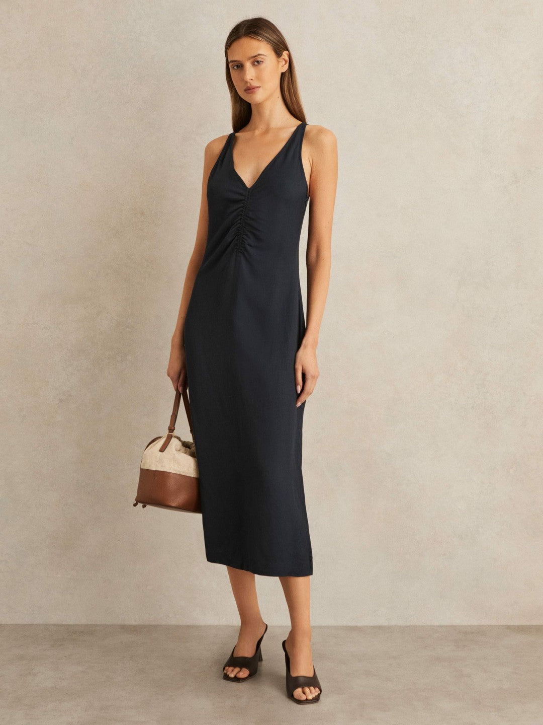 Reiss | Ruched Sleeveless Midi Dress With Linen in Navy