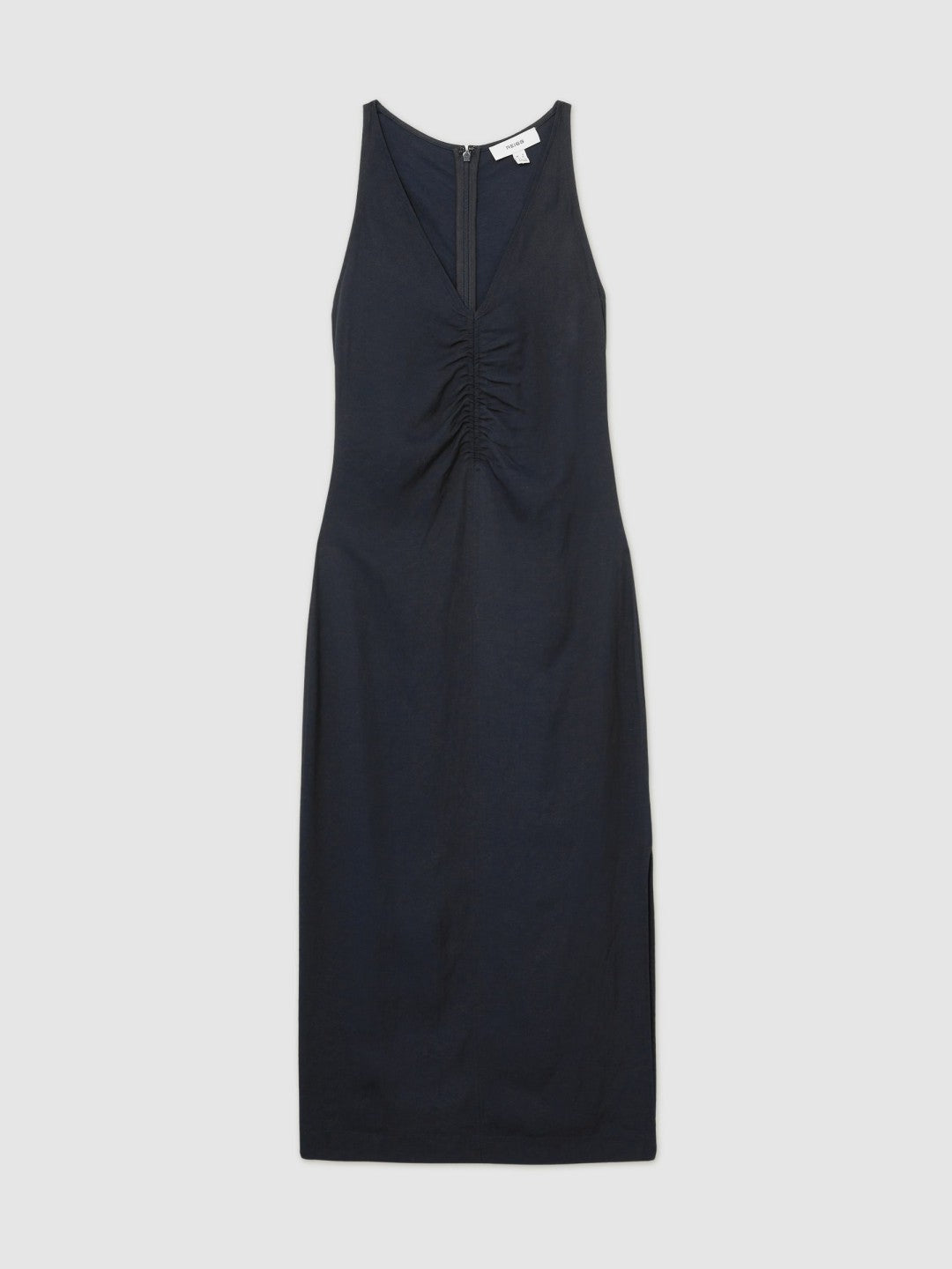 Reiss | Ruched Sleeveless Midi Dress With Linen in Navy