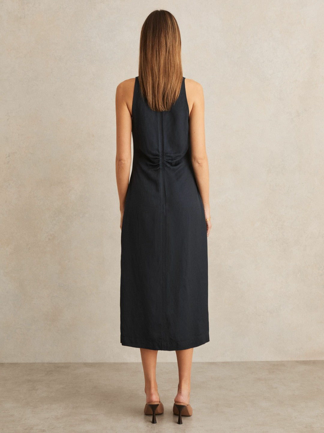 Reiss | Ruched Sleeveless Midi Dress With Linen in Navy
