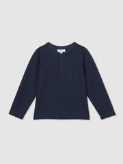 Reiss | 9-13 yrs Cotton-Blend Waffle Henley T-Shirt in Navy