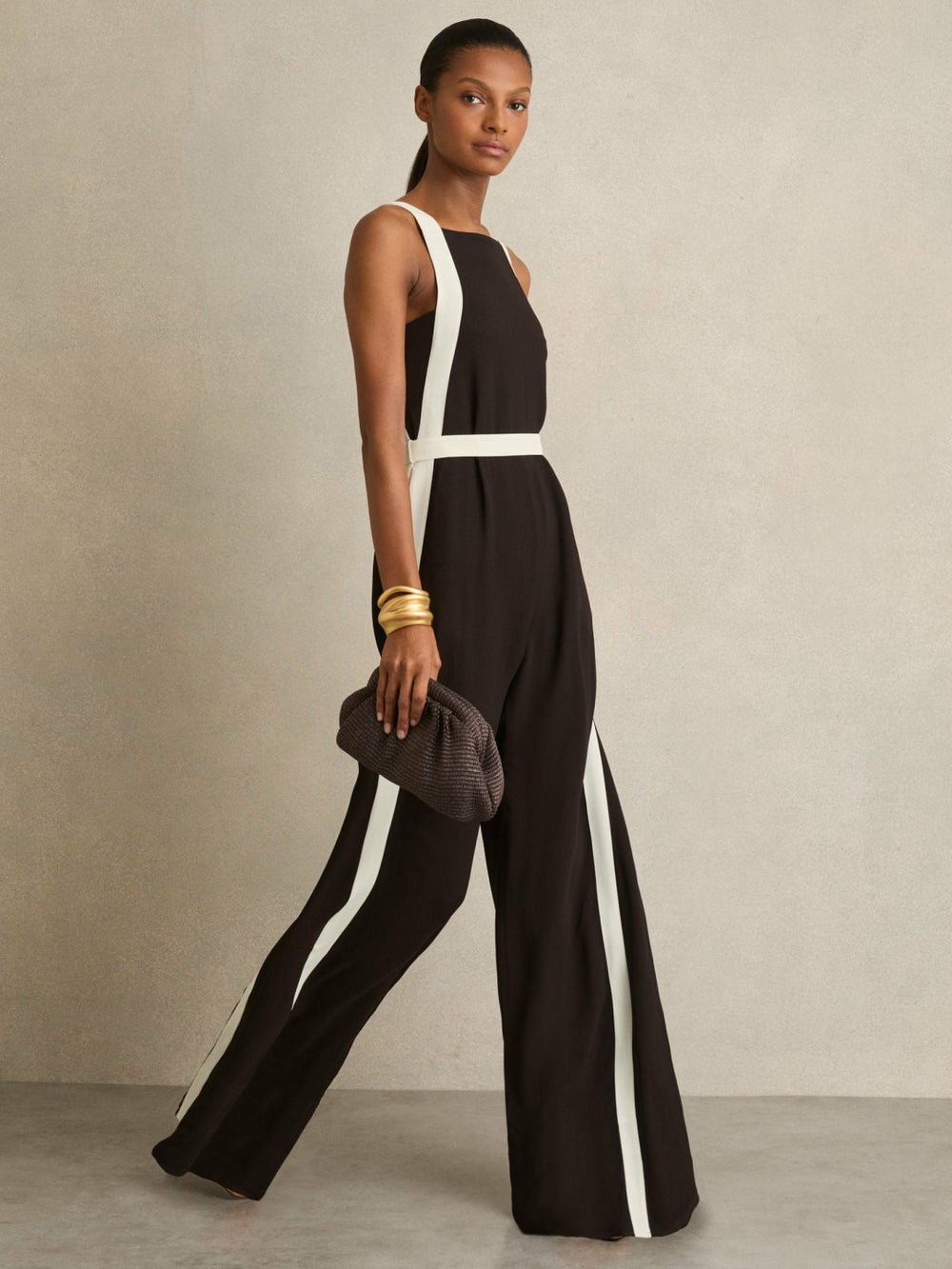 Reiss | Colourblock Wide Leg Belted Jumpsuit in Chocolate/Cream