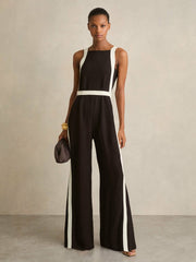 Reiss | Colourblock Wide Leg Belted Jumpsuit in Chocolate/Cream