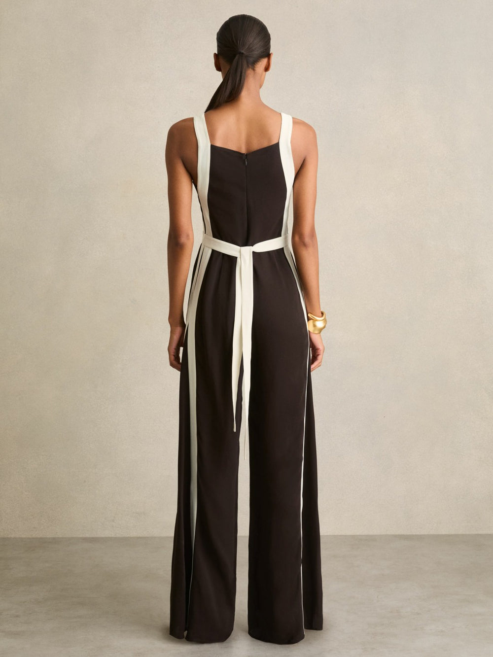 Reiss | Colourblock Wide Leg Belted Jumpsuit in Chocolate/Cream