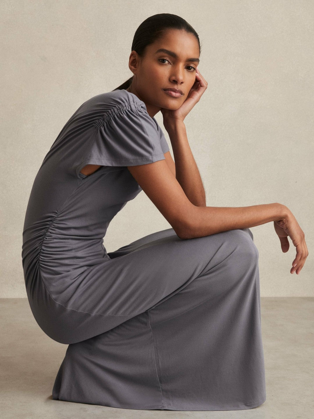 Reiss | Modal Blend Ruched Jersey Dress in Grey