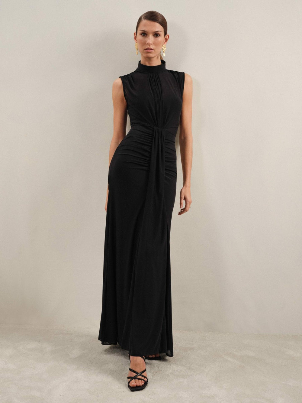 Reiss | Sheer Ruched Maxi Dress in Black