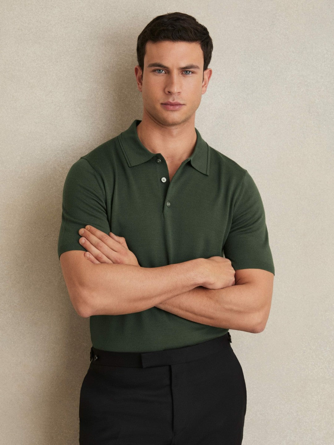 Reiss | Merino Wool Short-Sleeve Polo Shirt in Kale Green