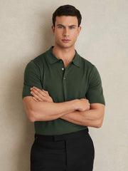 Reiss | Merino Wool Short-Sleeve Polo Shirt in Kale Green