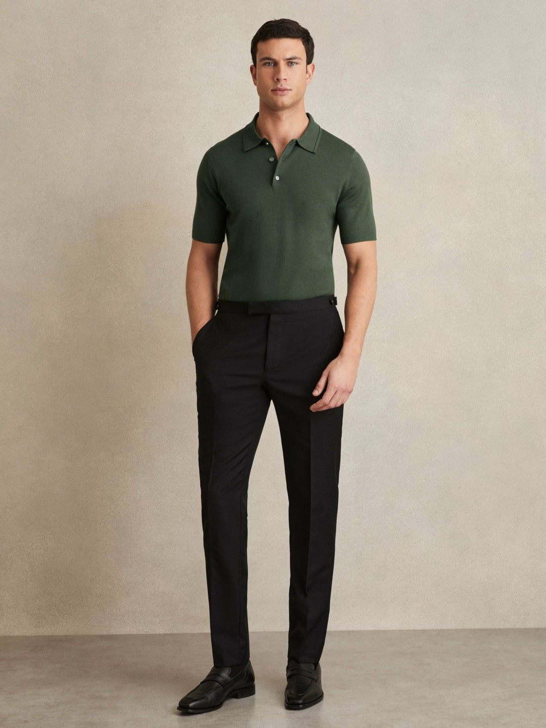 Reiss | Merino Wool Short-Sleeve Polo Shirt in Kale Green