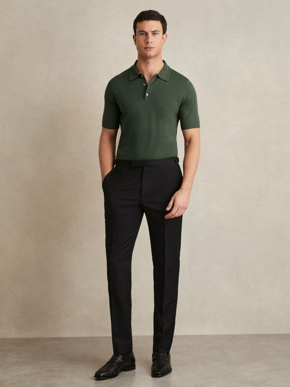 Reiss | Merino Wool Short-Sleeve Polo Shirt in Kale Green