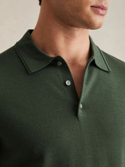 Reiss | Merino Wool Short-Sleeve Polo Shirt in Kale Green