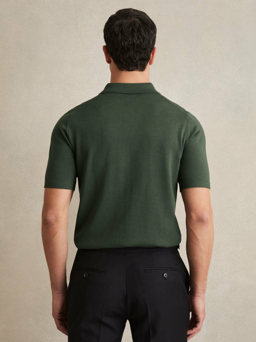 Reiss | Merino Wool Short-Sleeve Polo Shirt in Kale Green