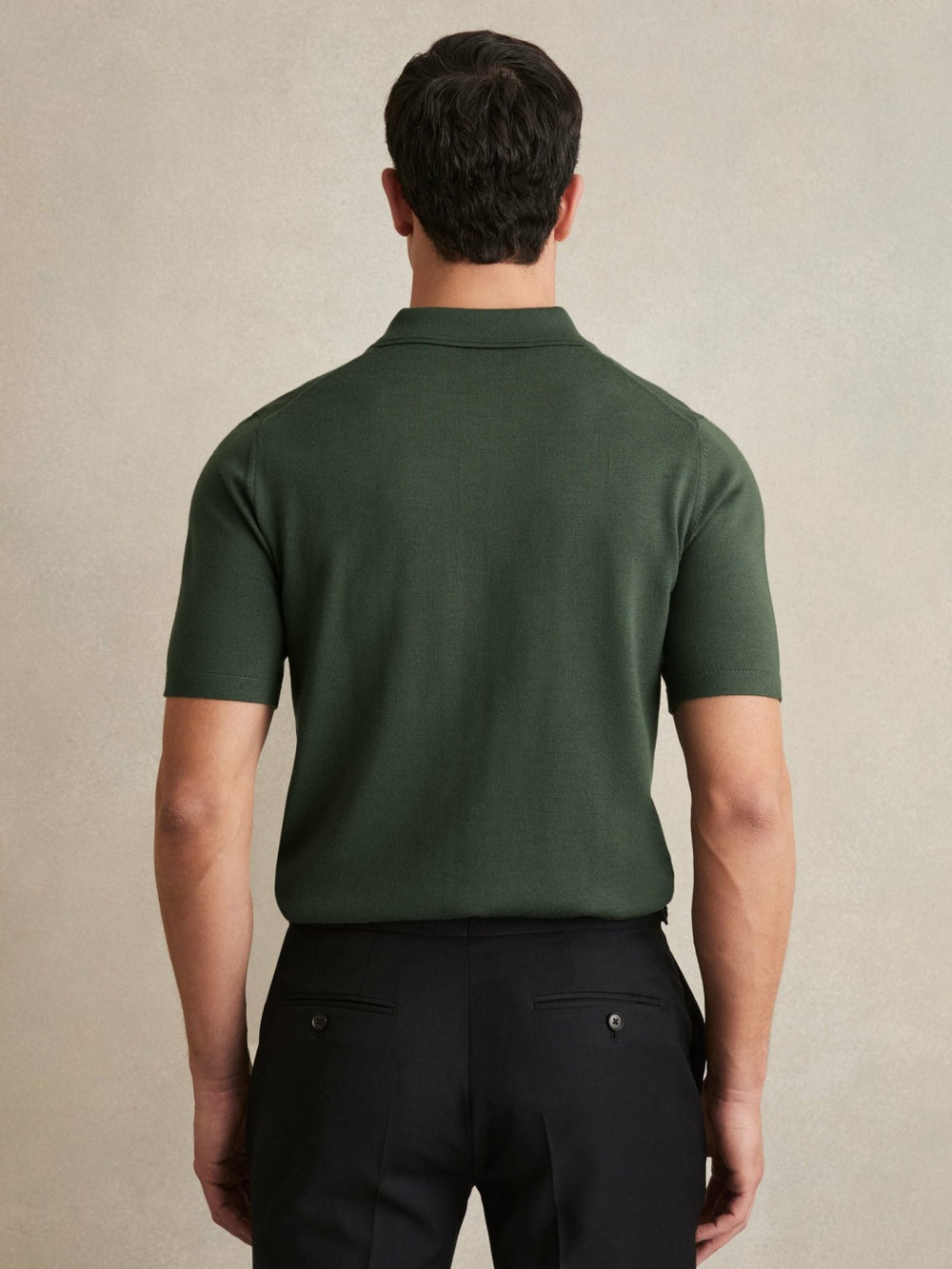 Reiss | Merino Wool Short-Sleeve Polo Shirt in Kale Green