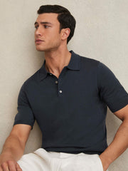 Reiss | Merino Wool Short-Sleeve Polo Shirt in Midnight Navy