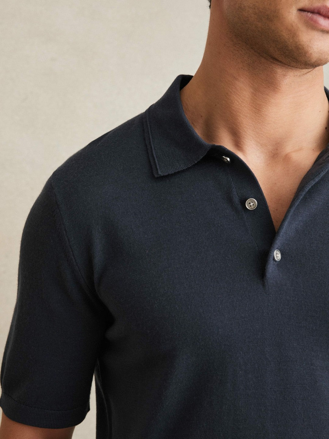 Reiss | Merino Wool Short-Sleeve Polo Shirt in Midnight Navy