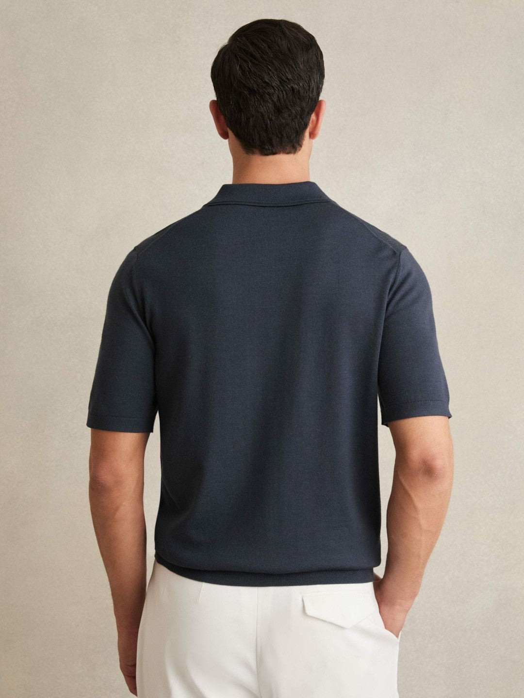 Reiss | Merino Wool Short-Sleeve Polo Shirt in Midnight Navy