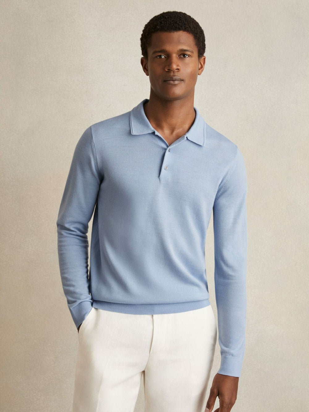 Reiss | Merino Wool Long-Sleeve Polo Shirt in Soft Blue