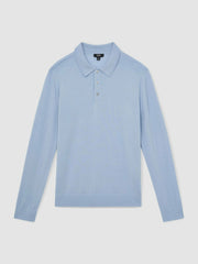 Reiss | Merino Wool Long-Sleeve Polo Shirt in Soft Blue