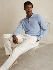 Reiss | Merino Wool Long-Sleeve Polo Shirt in Soft Blue