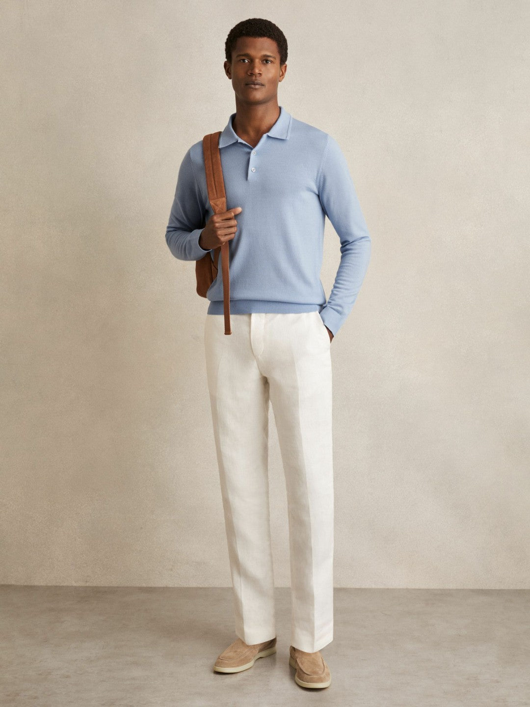 Reiss | Merino Wool Long-Sleeve Polo Shirt in Soft Blue