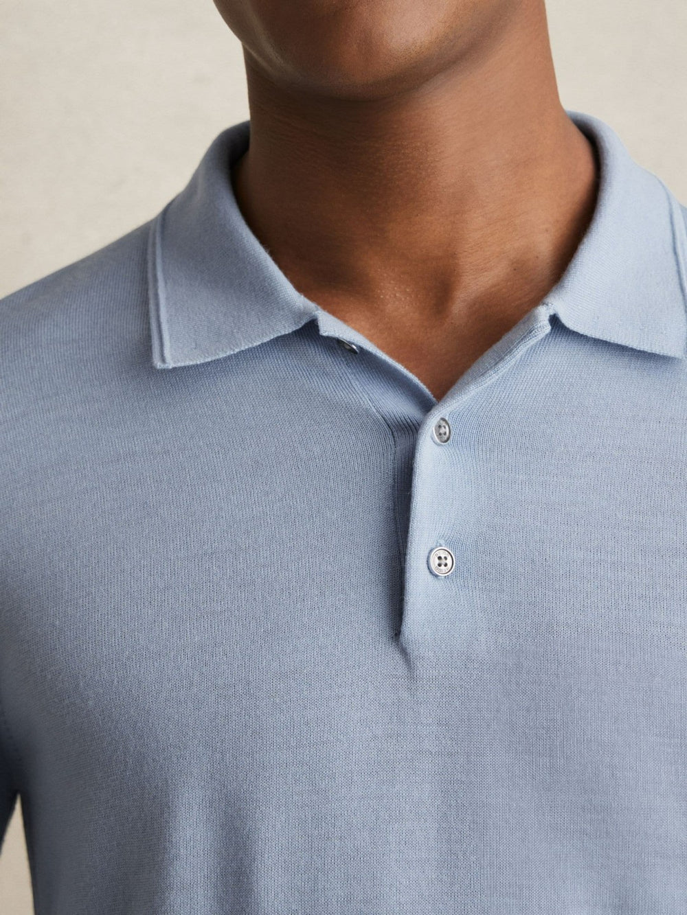 Reiss | Merino Wool Long-Sleeve Polo Shirt in Soft Blue