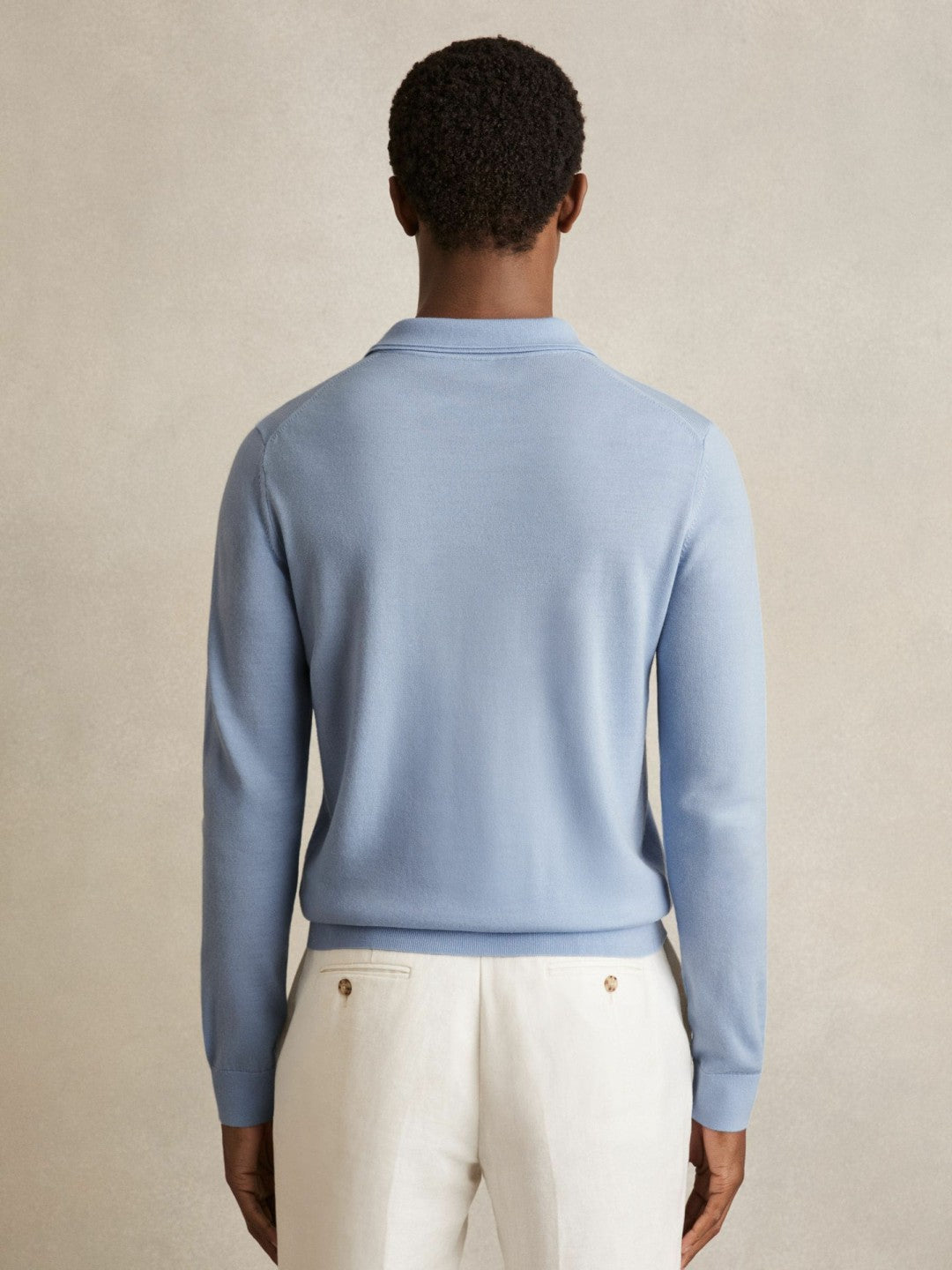 Reiss | Merino Wool Long-Sleeve Polo Shirt in Soft Blue